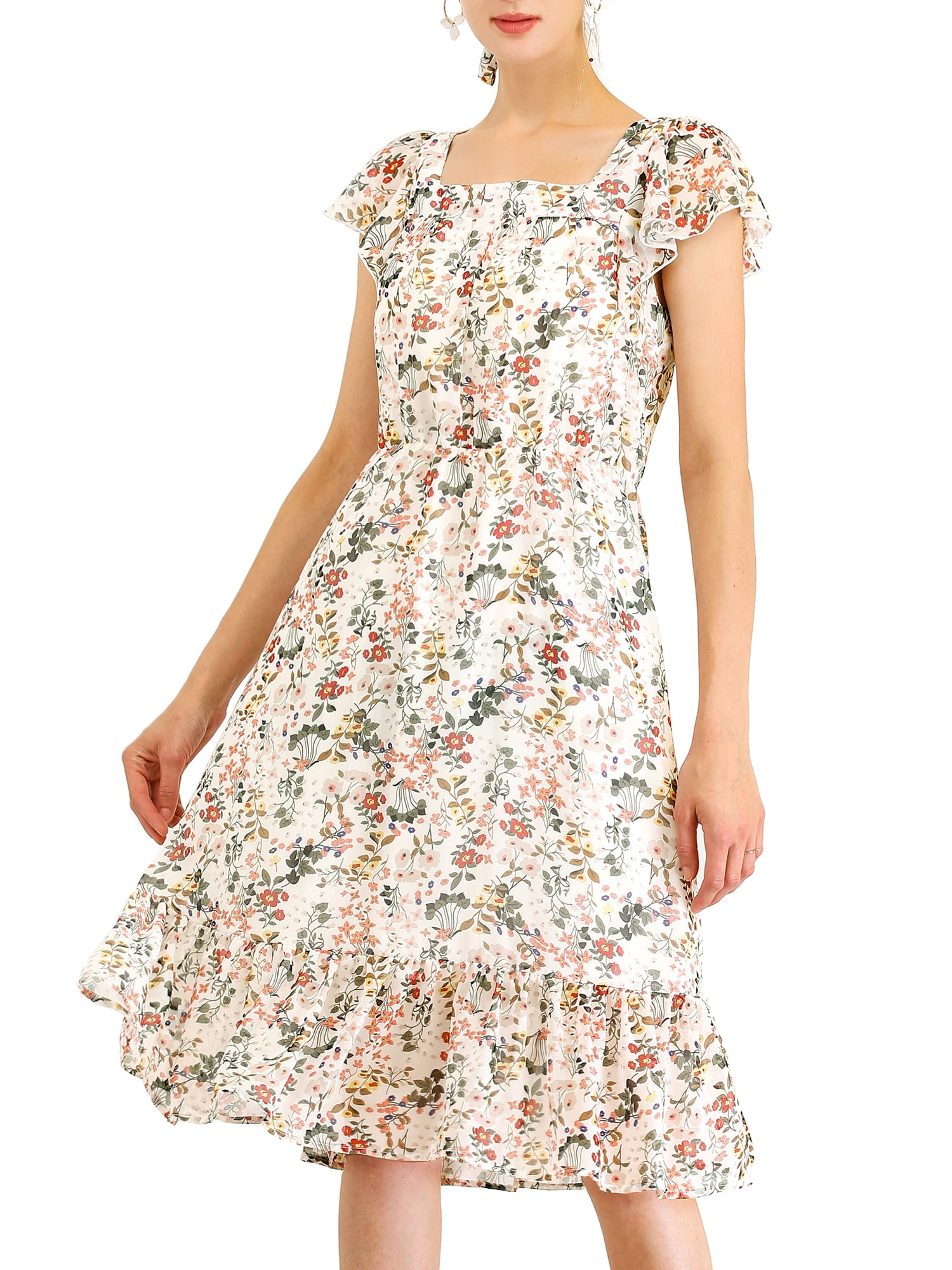 INSPIRE CHIC Robe pour Femme à Imprimé Floral, Manches Volantées, Encolure Carrée, Ourlet à Volants