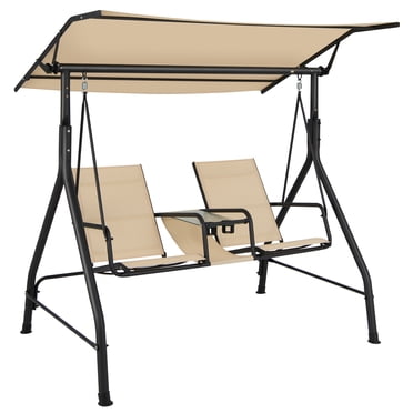 Gymax Balançoire de Porche pour 2 Personnes, Chaise Balançoire à Auvent Réglable avec Table en Verre Trempé