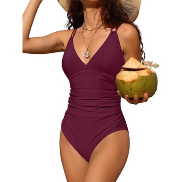 Charmo Maillots de Bain une Pièce pour Femmes à Col en V, Froncés, Gainants, Monokini