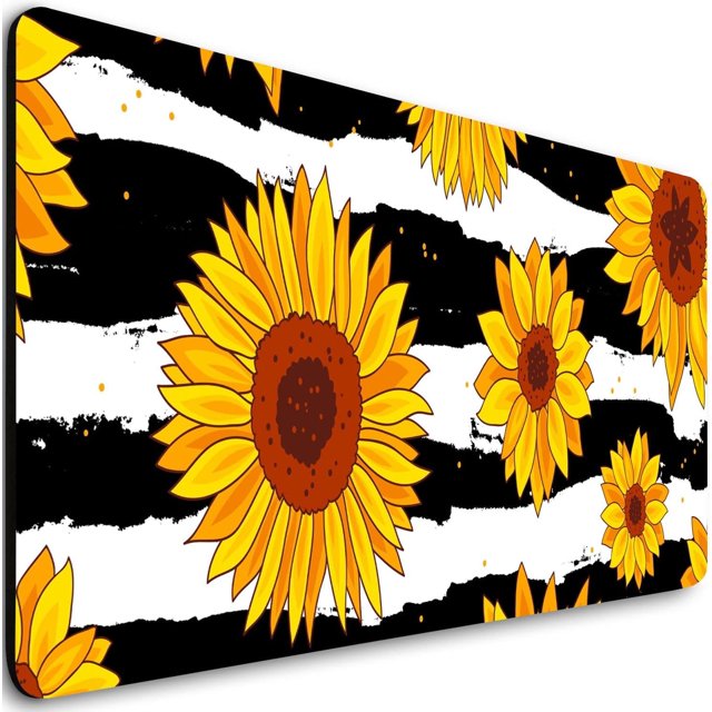 Extended Gaming Mouse Pad (31.5x11.8 in), Large Non-Slip Rubber Base Mousepad,Waterproof Keyboard Mouse Mat Desk Pad for Work, Game, Office, Home - Black and White Yellow Flower Sunflower
