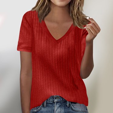 asjyhkr Hauts en Tricot Côtelé pour Femmes Col en V Manches Courtes Coupe Ample T-Shirts Extensibles T-Shirts Habillés Décontractés