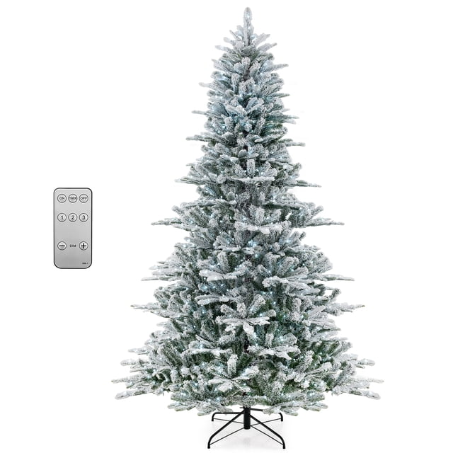Costway 8 FT Snow Flocked Artificial Christmas Tree with 1447 PVC & PE Tips 800 LED Lights