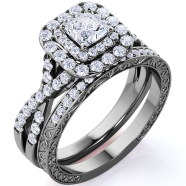 JeenMata 1,25 ct - Moissanite Carrée - Double Halo - Anneau Torsadé - Inspiré Vintage - Pavé - Ensemble de Bagues de Mariage Gothique en Placage Or Noir 18K pour Femmes