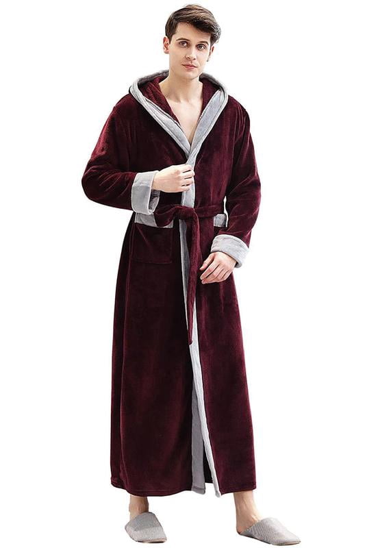 Artfasion Mens Long Bathrobe with Hood Warm Soft Shawl Collar Plush Spa Robe