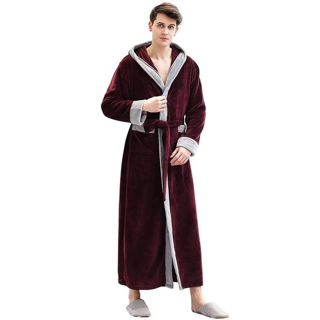 Artfasion Mens Long Bathrobe with Hood Warm Soft Shawl Collar Plush Spa Robe