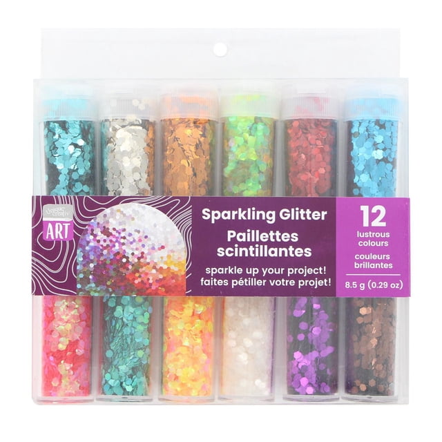UNIQUE CREATIVE ART Sparkling Glitter set with 12 lustrous colours in clear plastic tubes arranged in two rows inside a transparent package with a purple label showing product name, weight 8.5 g (0.29 oz), ideal for crafts, DIY projects, and scrapbooking.