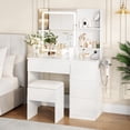 thumbnail image 2 of AKDSteel Vanity Desk with Mirror and LED Light, Vanity Desk with 4 Drawers, Power Outlet, Storage Stool, Storage Shelves & Hair Dryer Holder, Adjustable 3 Lighting Mode, Makeup Vanity Set for Bedroom, 2 of 9