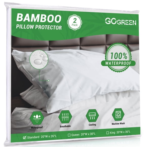 GOGREEN Waterproof Pillow Protectors with Zipper Standard Size, Cooling Bamboo Zippered Pillow Case Protector, Bed Bedbugs Pillow Case Cover Prevent Dust Mites and Allergens (2 Packs, White)