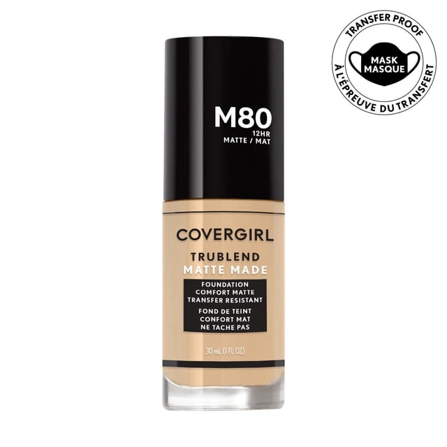 COVERGIRL Trublend Matte Made Foundation in shade M80, 30 ml bottle with black cap, providing a lightweight, oil-free matte finish with 12-hour transfer-resistant wear that minimizes pores and blurs imperfections, suitable for normal to oily skin and mask-proof use.