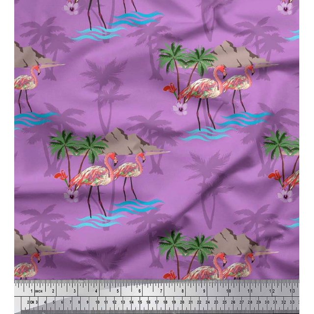 Soimoi Purple Poly Georgette Fabric Palm Tree, & Flamingo Bird Printed Fabric 1 Yard 52 Inch Wide