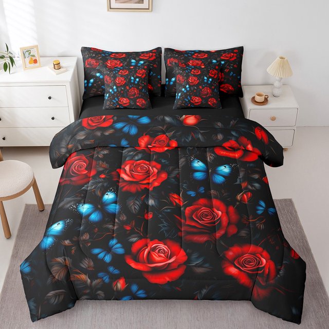 Erosebridal Ensembles de Literie à Fleurs de Roses Rouges Format Simple, Ensembles de Douillette Papillon Bleu avec Draps pour Filles Femmes, Réversible 7 Pcs