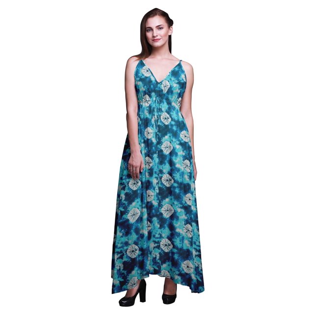 Bimba Robe Maxi Imprimée Teinture sur Nœuds pour Femmes, Bretelles Spaghetti, Tenue de Plage - Petite