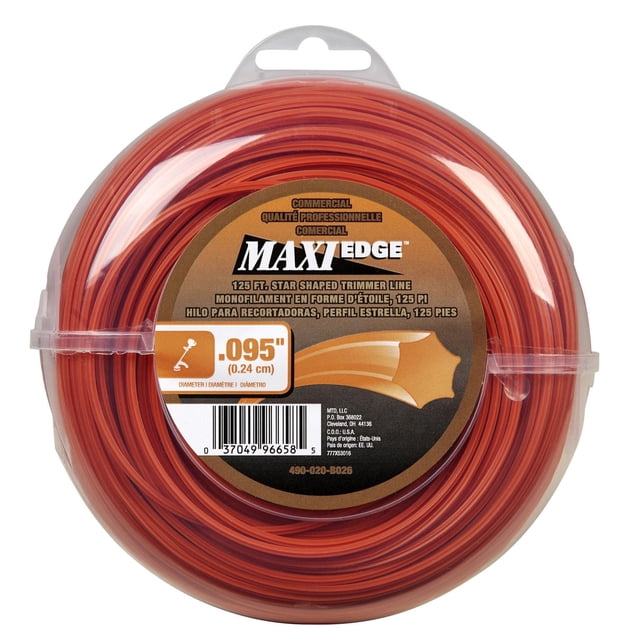 Commercial Maxi-Edge 125' .095 in. Universal Trimmer Line coiled in orange with a star-shaped profile for enhanced cutting performance, packaged in clear plastic, designed for outdoor power equipment trimmers and edgers to efficiently cut thick weeds and tough surfaces.