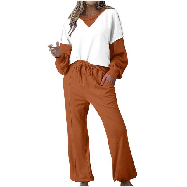 Posijego Ensemble de Survêtement pour Femmes 2 Pcs à Blocs de Couleur Col Rond Chandail Chandails en Molleton Pantalons Tenues de Détente
