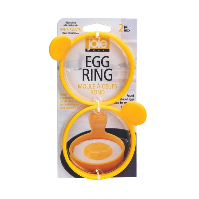 JOIE 2PC EGG RING set includes two yellow round silicone egg rings with small handles, heat resistant up to 446°F (230°C), designed for making perfectly shaped eggs ideal for breakfast and also suitable for shaping pancakes, displayed in bilingual retail packaging.