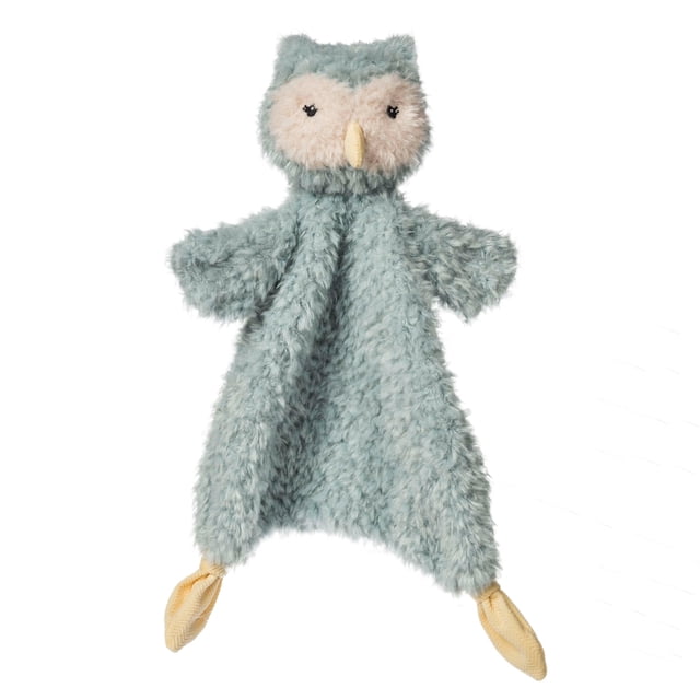 Mary Meyer - Recycled Again Friends - Lovey - Owl, an 11-inch sustainable plush toy featuring a soft, textured recycled fabric in a subtle natural color. The owl character has an embroidered face on a stuffed head attached to one corner of a cuddly, blanket-like body. Made from 100% recycled plastic, it is machine washable and designed for comforting babies while being environmentally conscious.