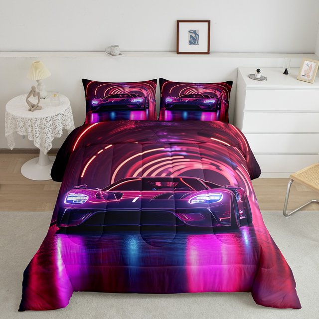 Car Bedding Set Sports Race Car Queen Comforter Set,Extreme Sport Down Comforter,Racing Automobile Geometric Duvet Insert for Kids Teens Men