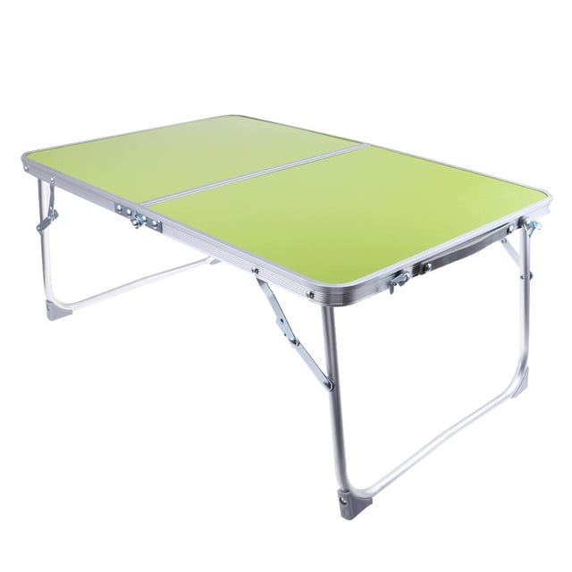 MDF top portable folding table in green, designed with a smooth and eco-friendly MDF top and durable aluminum alloy frame. The compact table folds for easy storage and portability, measuring 62x42x27.5cm when unfolded and 43x34x5cm when folded. Ideal for indoor and outdoor use, including dining, camping, picnics, parties, or as a laptop desk in small spaces.