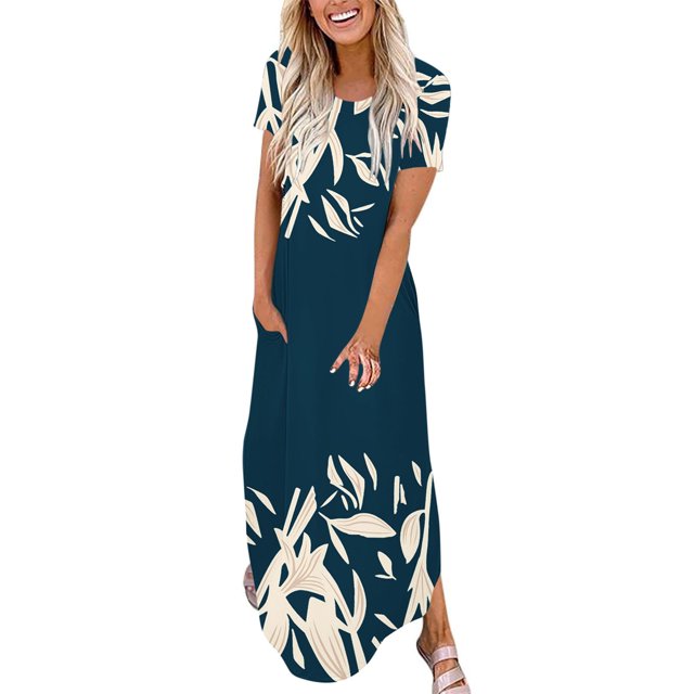 Ovzne Robes Grande Taille pour Femmes aux Formes Robe Femme Mode Robe Décontractée pour Femme Imprimée à Manches Courtes Col Rond Robe avec Poches Robe Maxi Grande Taille à Manches Courtes Imprimée Liquidation