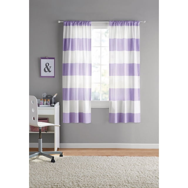 Mainstays Cabana Stripe 63" rod pocket window panel pair in lavender and white wide horizontal stripes, each panel 37 inches wide and 63 inches long, hanging on a white rod in a child's room with grey walls, a white desk, and a white chair on a light wood floor with a cream rug. Often used to add classic striped style to kids' rooms.