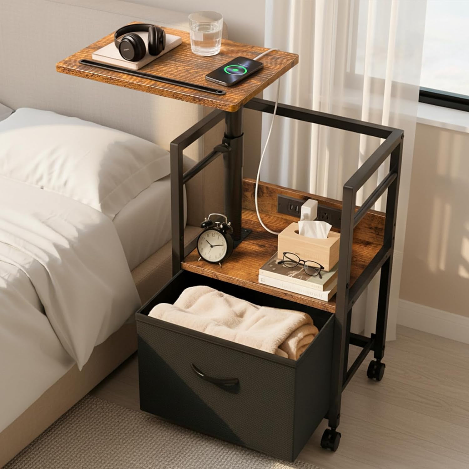 360° Swivel Nightstand with Height Adjustable, Lift Top Bedside Table with Charging Station, Rolling Night Stand with Fabric Drawer, End Table with Wheels, for Bedroom, Living Room, Brown Black