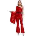 thumbnail image 1 of Raenseen Womens Metallic Shiny Flare Sleeve Bodysuit Hippie Bell Bottom Jazz Dance Rave Party Red M, 1 of 6