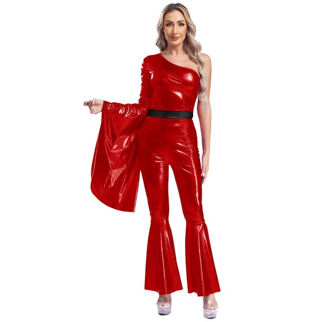 Raenseen Womens Metallic Shiny Flare Sleeve Bodysuit Hippie Bell Bottom Jazz Dance Rave Party Red M