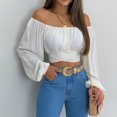 thumbnail image 2 of Woman's Strapless Long Sleevesolid Color Off Shoulder Ruched Lantern Sleeve Crop Tops,Summer Plus Size Loose Fitting Tops For Women Sale, 2 of 6