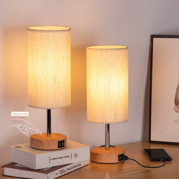 Bedside Lamps with USB Port - Touch Control Table Lamp for Bedroom Wood 3 Way Dimmable Nightstand Lamp Set of 2 with Rou
