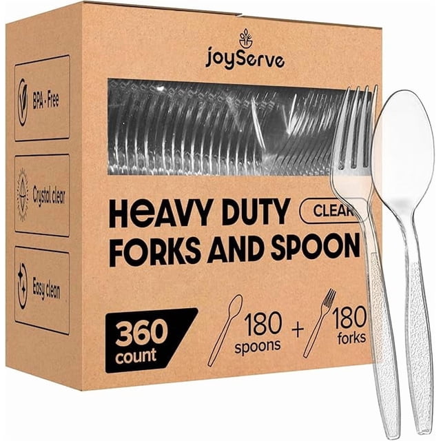 Plastic Forks and Spoons Set - (Bulk Pack 360 Pcs) Clear Plastic Cutlery Utensils Heavy Duty, 180 Forks and 180 Spoons, Silverware Sets for Party Supplies, Dinners, Take-Out, Catering, Food Services