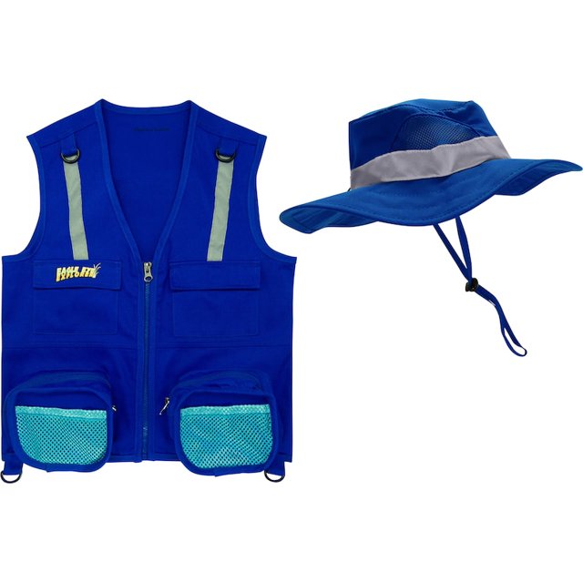 Gilet Cargo pour Enfants avec Bretelles Réfléchissantes et Chapeau Seau avec Mentonnière - Bleu Foncé - TP