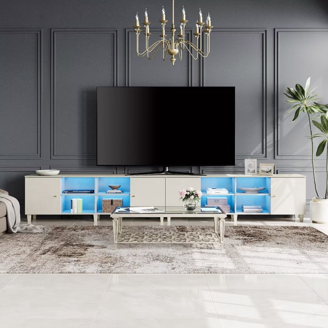 WAMPAT Set of 2 Mid-Century TV Stand with Blue LED Light,Modern Entertainment Center with Door Storage and Open Shelf for up to 100 Inch TV, TV Console Table for Living Room