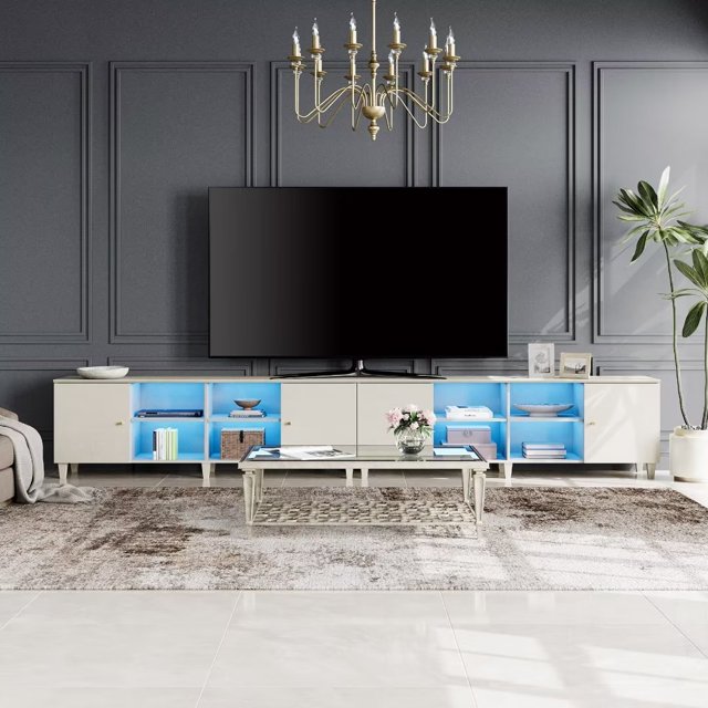 WAMPAT Set of 2 Mid-Century TV Stand with Blue LED Light,Modern Entertainment Center with Door Storage and Open Shelf for up to 100 Inch TV, TV Console Table for Living Room