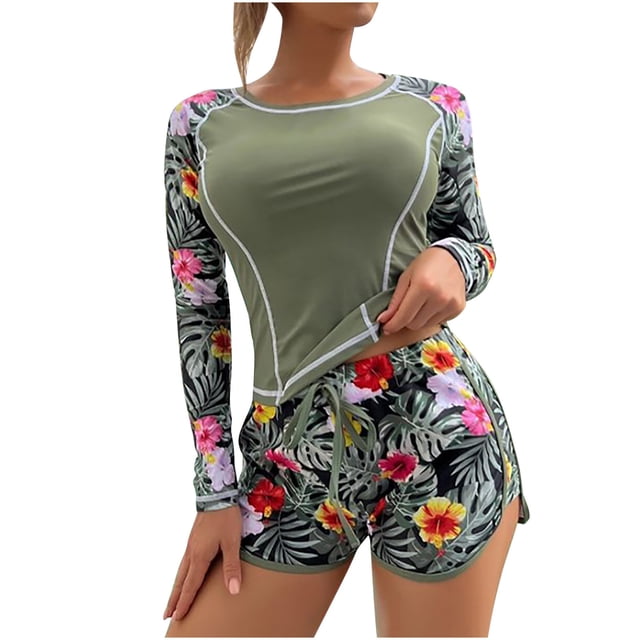 IROINID Women 2 Piece Rash Guard Swimsuits Long Sleeve Print Swim Shirt with Shorts Set Sun Protection Surf Bathing Suits Gift for Wife Army Green M