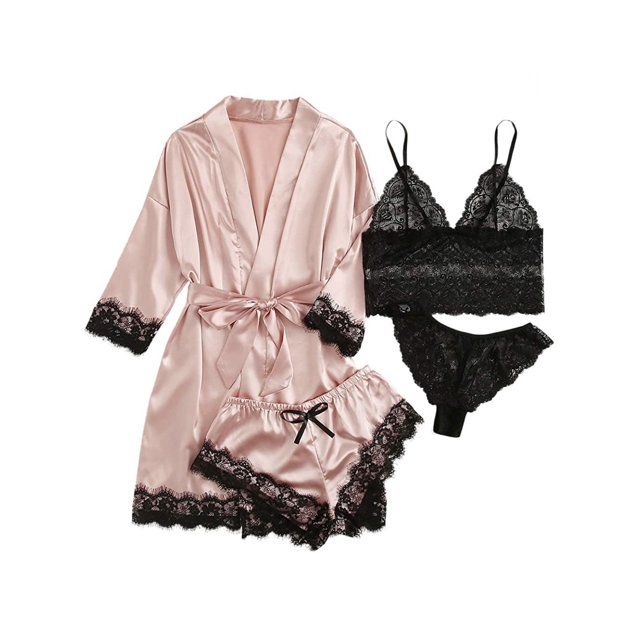 Faithtur Femmes 4 Pièce Pyjama Set V Cou Cami Tops Dentelle Garniture Shorts Robe Ceinturée Dentelle String Vêtements de Nuit Sets