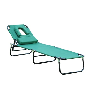 Outsunny Chaise Longue de Jardin Réglable avec Trou de Lecture, Siège Inclinable d'Extérieur, Lit de Détente Pliant pour Camping et Plage, Vert