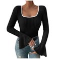 thumbnail image 1 of AherBiu Crop Tops for Women Ribbed Flare Long Sleeve Square Neck Slim Tight Basic Spring Shirt Blouse, 1 of 7