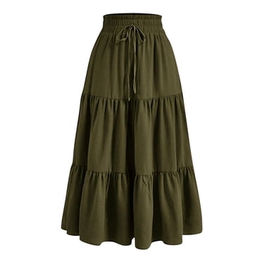 Amzcrzy Skirts for Women Casual Solid Color Maxi Skirt Trendy Elastic Waist Drawstring Long Skirts for Women Pleated Tiered Flowy Summer Skirts