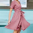 thumbnail image 4 of Jusqu'à 65 % de Rabais! Robes d'Été Mode pour Femmes 2024 Grande Taille Décontractées à Col en V Unies à Manches Courtes avec Ceinture à la Taille Robes avec Poche, 4 of 7