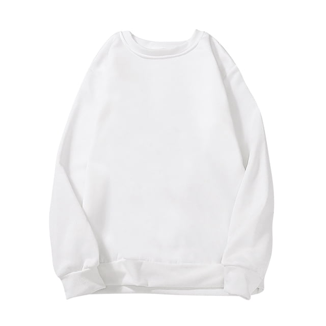 Women Solid Color Long Sleeve Loose Round Neck Long-Sleeved Sweater Blouse in white polyester fabric. This casual sweatshirt features a relaxed fit, ribbed cuffs, and a regular length, ideal for pairing with jeans or leggings during spring, autumn, or winter.