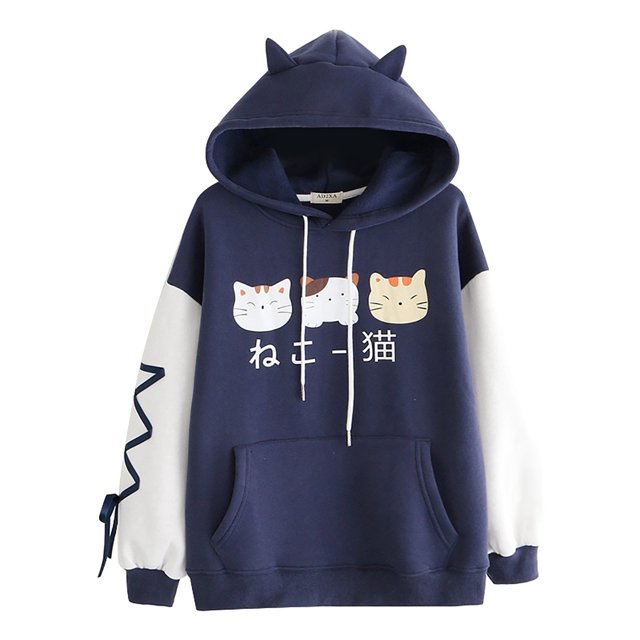 Femmes Chandail à Capuchon Chat Mignon Manches en Coton Hauts Blouse Mode Chandail