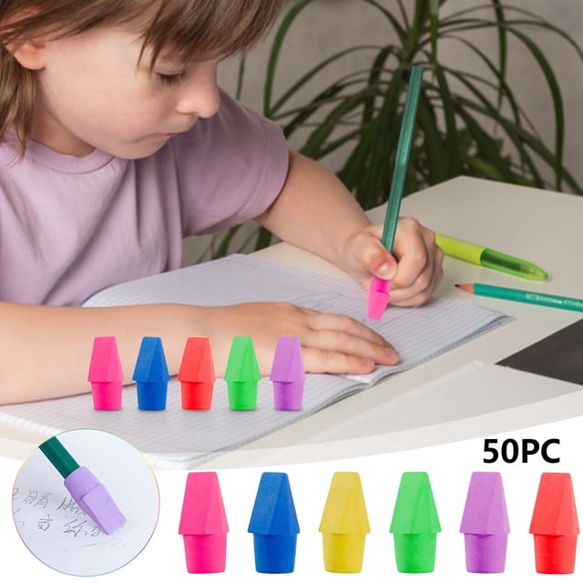 Rvkxad 50PC Pencil Cap Erasers, Replacement Eraser Tips for Pencils, Small Rubber Caps, Pencil Top Erasers. The image shows a child writing in a notebook with a pencil fitted with a pink eraser cap. A variety of colourful eraser caps, including pink, blue, green, yellow, and purple, are displayed in the foreground. These small rubber caps are designed to fit on pencil tops, providing a convenient way to erase pencil marks. Suitable for home, school, or office use.