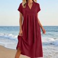 thumbnail image 2 of justHIGH Robe Midi en Coton et Lin pour Femme 2026 Été à Manches Courtes Décontractée Robes Plissées Ligne A Robe de Plage avec Poches Bordeaux,TTG, 2 of 7