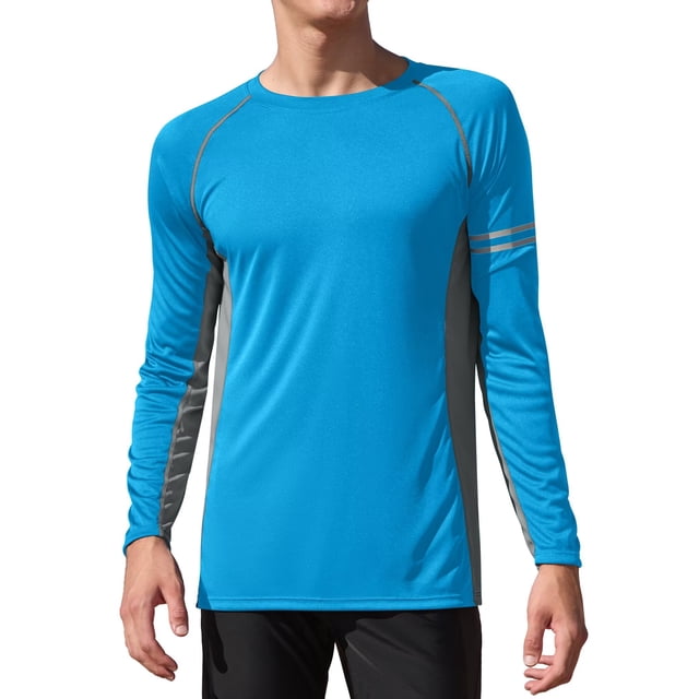 Charmo Mens Long Sleeve Swim Shirts Sun Protection UPF 50+ Rashguard Athletic Workout Hiking Swimwear Tops in a vibrant blue color with contrasting grey side panels and reflective accents. The shirt features a crew neckline, flat-lock seam construction for chafe resistance, and a modern color block design. Made from lightweight, quick-drying, and moisture-wicking fabric, it provides UPF 50+ sun protection and is suitable for swimming, surfing, hiking, and other outdoor activities.