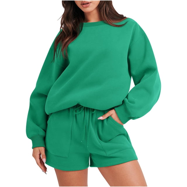 IROINNID Survêtement pour Femmes Ensemble 2 Pcs Rabais Blouse à Col Rond Hauts à Manches Longues Chandail Shorts Ensemble Décontracté Ensemble de Jogging, Vert
