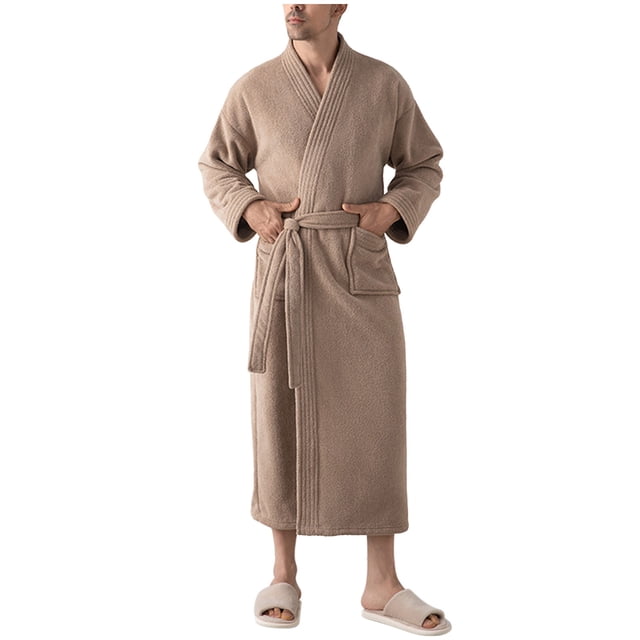 Mens Terry Cloth Kimono Robe Lightweight Soft Long Bathrobe Sleepwear Loungewear with Pockets