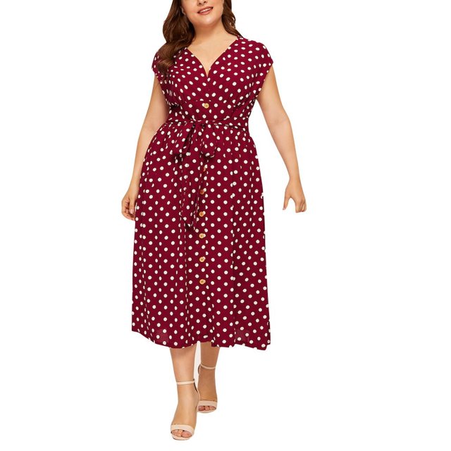 Fridja Womens Casual Plus Size V-neck Sans Manches Imprimé à Pois Robe de Ceinture Boutonnée