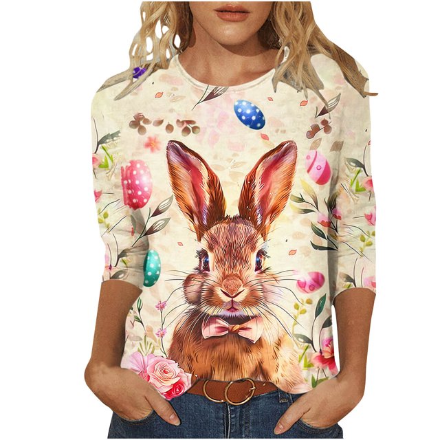 Penkiiy Mode Femme Jour de Pâques Œufs de Pâques T-shirt Imprimé Fleur Manches 3/4 Blouse Col Rond Hauts Décontractés Multicolore