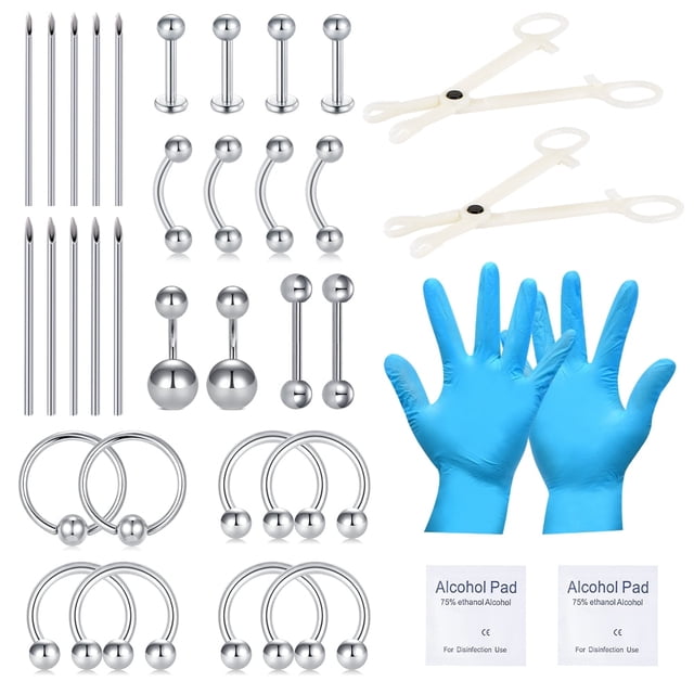 Ensemble de 36 Pcs de Perçage pour Tous les Perçage Corporels, Comprenant des Anneaux de Fermeture à Bille en Acier Inoxydable. Comprend des Aiguilles de Perçage Creuses de 14 g et 16 g, des Anneaux de Fermeture à Bille, des Barres Droites, des Barres Circulaires en Forme de Fer à Cheval, des Barres Courbées, des Clous labret, des Pinces Jetables, des Gants en latex Noirs et des Tampons à Alcool. Idéal pour un Usage Professionnel et Personnel, Couvrant les Perçage pour le Nombril, le Nez, le septum, l'Oreille, le tragus, la Lèvre