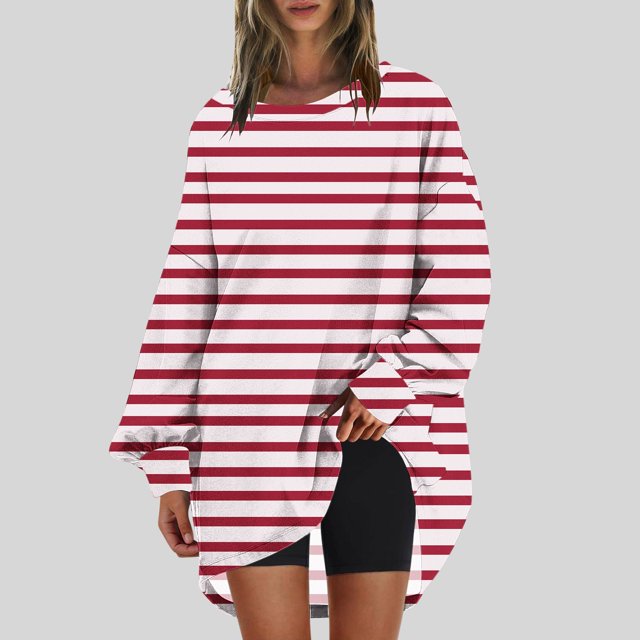 RXIRUCGD Chandail en Molleton Oversize à Col Rond pour Femmes Imprimé Manches Longues Tunique, Rouge, Taille : m